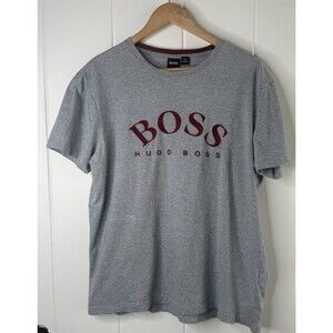 Hugo Boss T Shirt Mens XL Gray Burgundy Logo Crew Neck Casual Tee